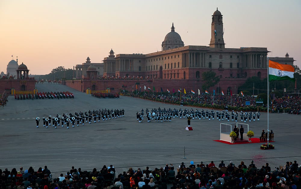 Bands from the three wings of Indian military perform during the Beating Retreat ceremony, in New Delhi.