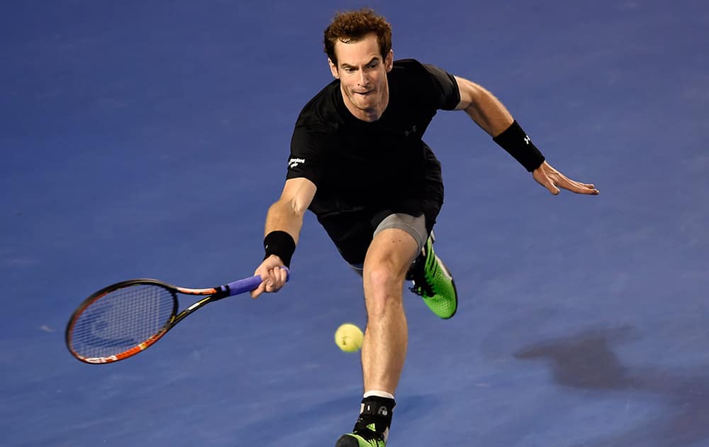 Andy Murray of Britain chases down a shot to Tomas Berdych of the Czech Republic during their semifinal match at the Australian Open tennis championship in Melbourne.