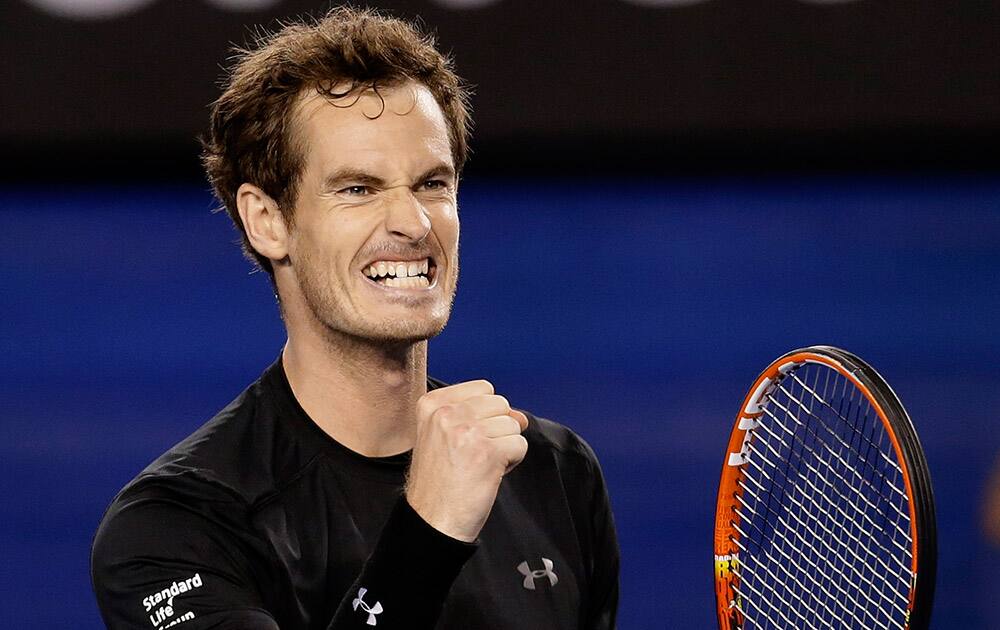 Andy Murray of Britain celebrates after defeating Tomas Berdych of the Czech Republic in their semifinal match at the Australian Open tennis championship in Melbourne, Australia.