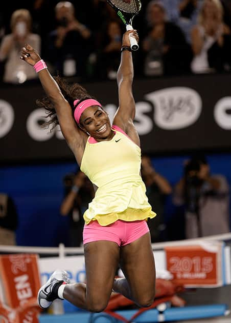 Serena Williams of the US celebrates after defeating Maria Sharapova of Russia in the women's singles final at the Australian Open tennis championship in Melbourne, Australia.