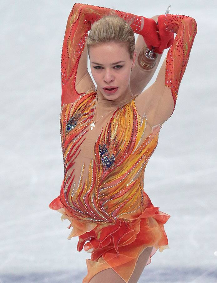 Anna Pogorilaya, of Russia, skates during her free program at the European Figure Skating championships in Stockholm, Sweden.