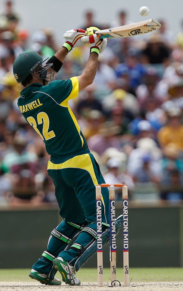 Australia's Glen Maxwell plays a shot during their one-day international cricket match against England in Perth, Australia, Sunday.