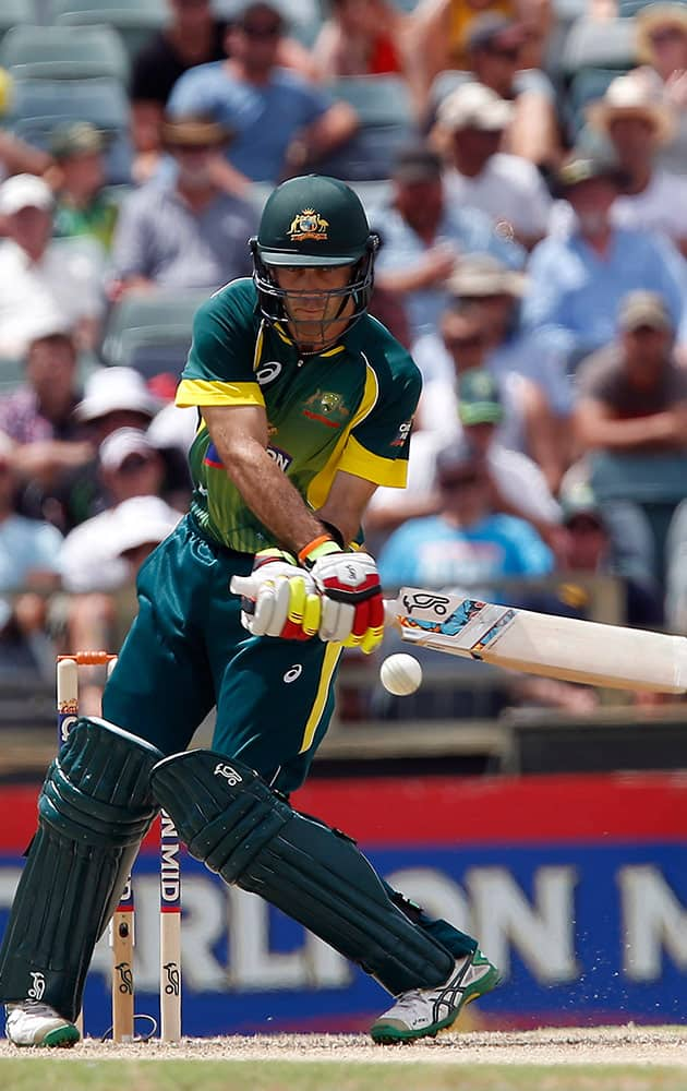 Australia's Glen Maxwell plays a shot during their one-day international cricket match against England in Perth, Australia.