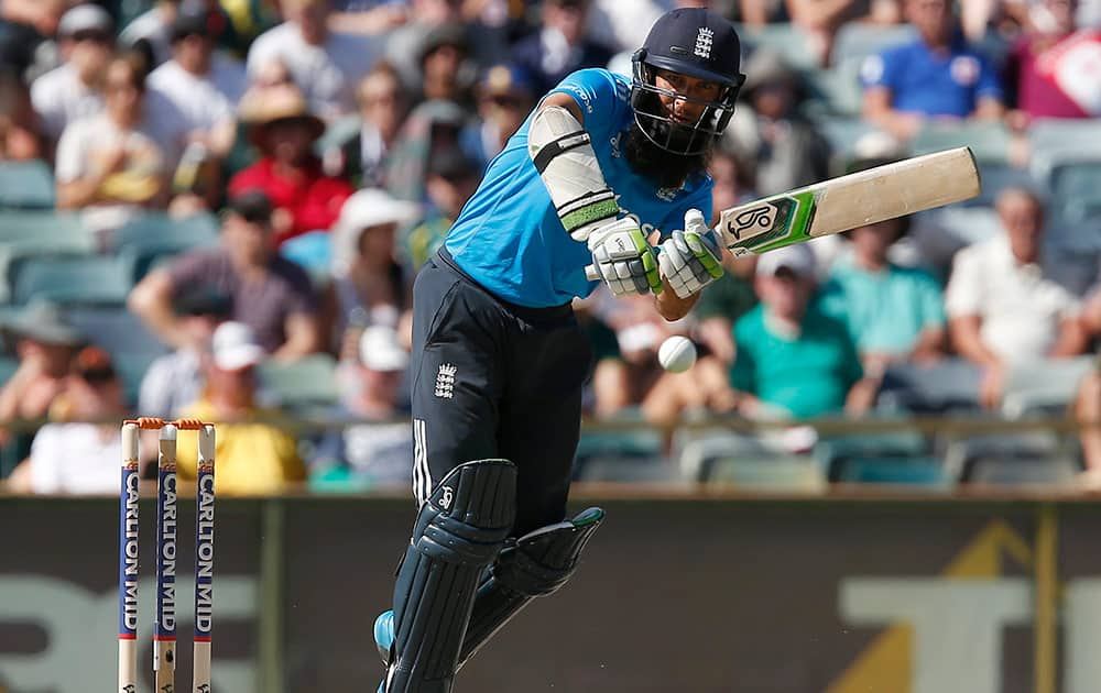 England's Moeen Ali plays a stroke during their one day international cricket match against Australia in Perth, Australia.