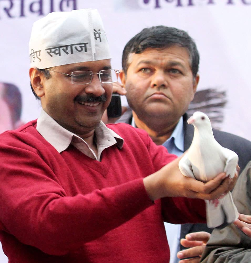 Arvind Kejriwal releases a pigeon during a public meeting at Shastri Nagar in New Delhi.
