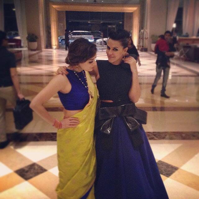 neha dhupia :- #aboutlastnight @filmfare awards ... In conversation with @diamirzaofficial ... While waiting for @nickadvani ! #madness with #sahil @angadbedi -instagram