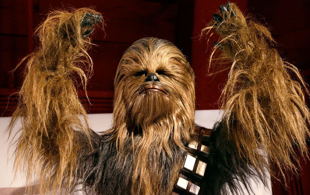 a yak hair and mohair costume of the Wookiee Chewbacca is displayed as part of an exhibit on the costumes of Star Wars at Seattle’s EMP Museum. 