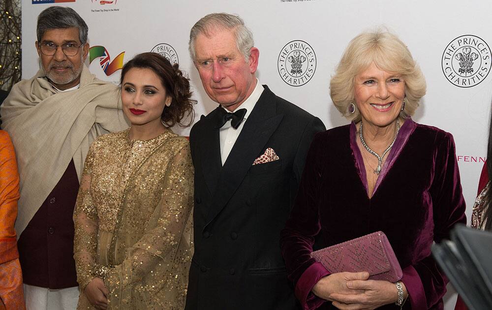 Indian child rights activist and 2014 Nobel Peace Prize winner Kailash Satyarthi, Bollywood actress Rani Mukerji, the Prince of Wales and The Duchess of Cornwall attend the British Asian Trust dinner in central London.