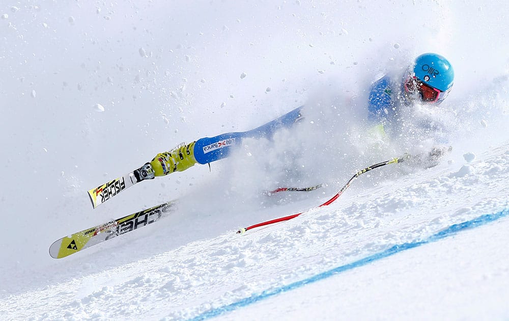 Italy's Daniela Merighetti crashes during the women's super-G competition at the alpine skiing world championships in Beaver Creek, Colo. 