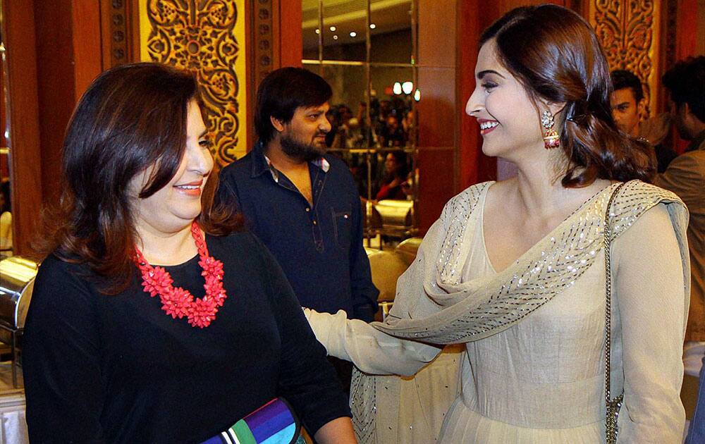 Bollywood filmmaker Farah Khan and actor Sonam Kapoor during the launch of Irshad Kamils book Ek Maheena Nazmon Ka in Mumbai.