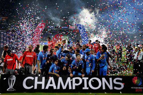 Indian players celebrate after winning the 2011 Cricket World Cup in Mumbai.