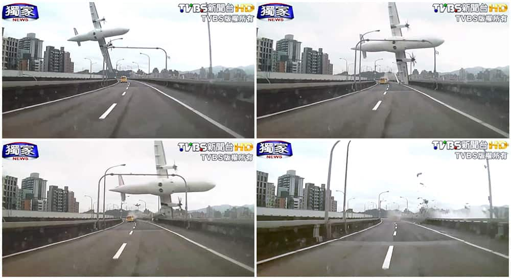 This combination photo, a series of images taken from video provided by TVBS show a commercial airplane clipping an elevated roadway just before it careened into a river in Taipei, Taiwan.