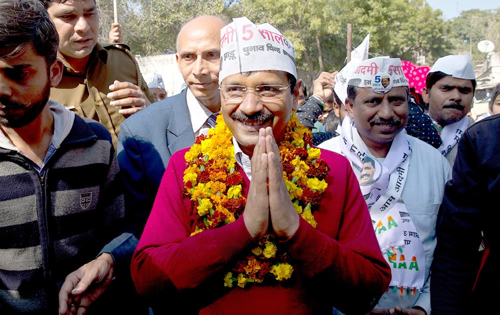 AAM AADMI PARTY LEADER ARVIND KEJRIWAL, CAMPAIGNS AHEAD OF DELHI STATE ELECTIONS IN NEW DELHI.