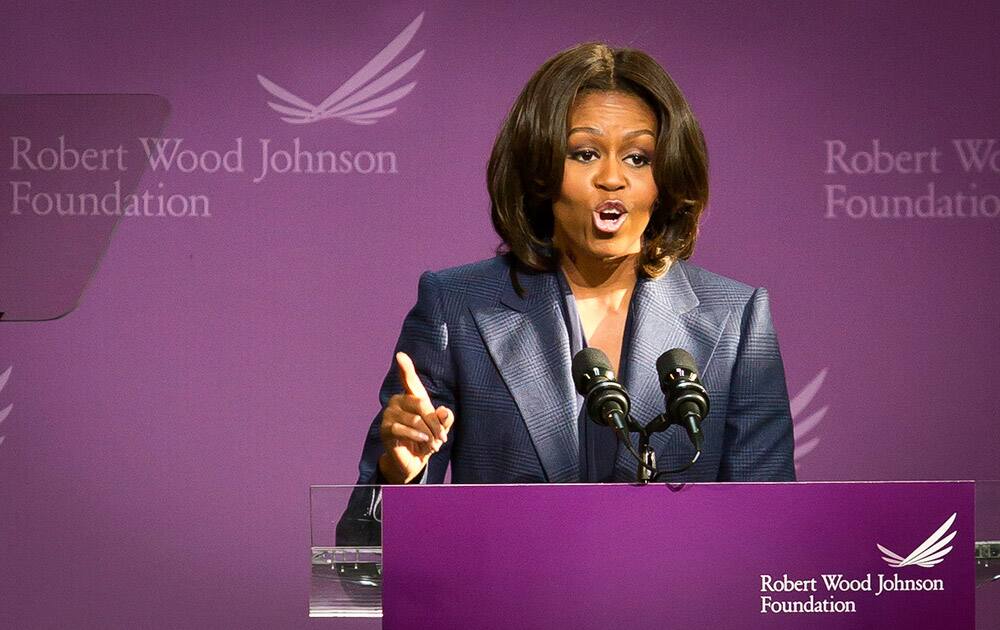 First lady Michelle Obama speaks during a visit to West Side High School, announcing a $500 million donation from the Robert Wood Johnson Foundation in the fight against childhood obesity, in New York.