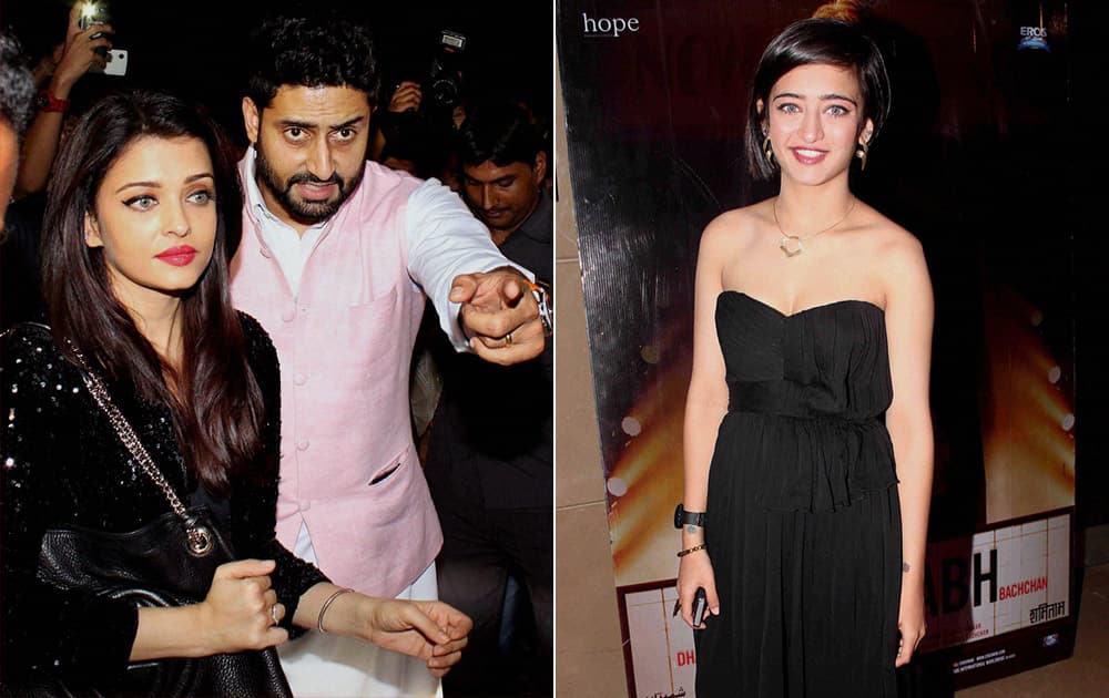 Bollywood actress Akshara Haasan and Abhishek Bachchan with his wife Aishwarya Rai Bachchan during the screening of film Shamitabh in Mumbai.