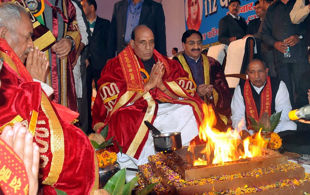 Union Home Minister Rajnath Singh attends a havan ceremony during the convocation ceremony of Gurukula Kangri Vishwavidyalay in Haridwar.