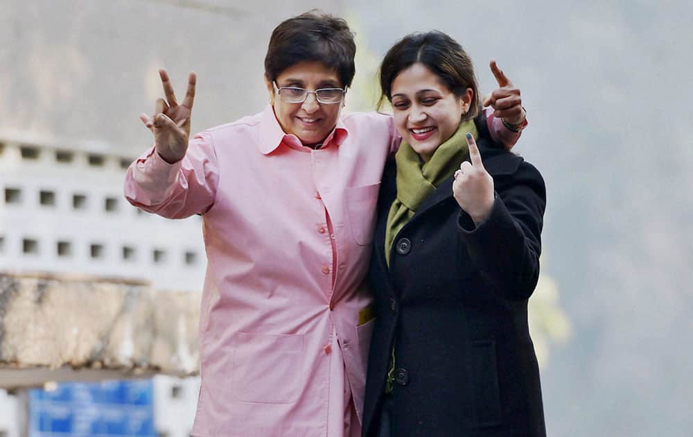 BJPs chief ministerial candidate Kiran Bedi after casting her vote for the assembly elections in New Delhi.