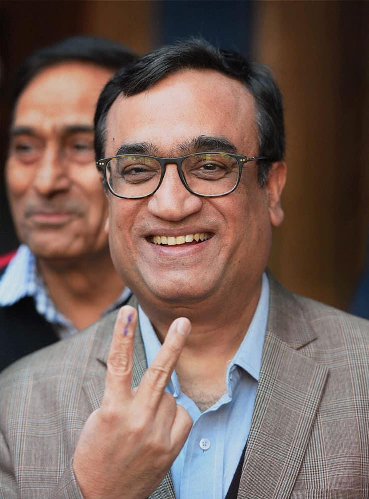 Congress candidate Ajay Maken after casting his vote for the Assembly elections, in New Delhi.