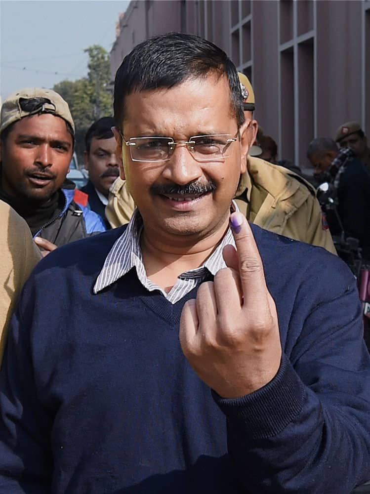 AAP Convenor Arvind Kejriwal after casting his vote for the Assembly elections, in New Delhi.