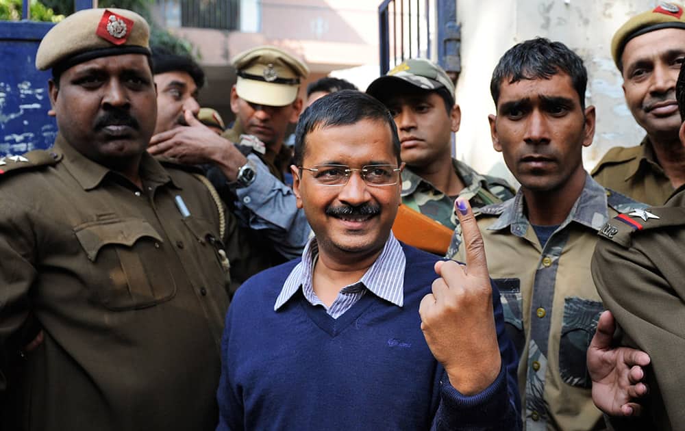 Aam Aadmi Party leader Arvind Kejriwal displays the indelible ink mark on his finger after casting his vote in New Delhi.