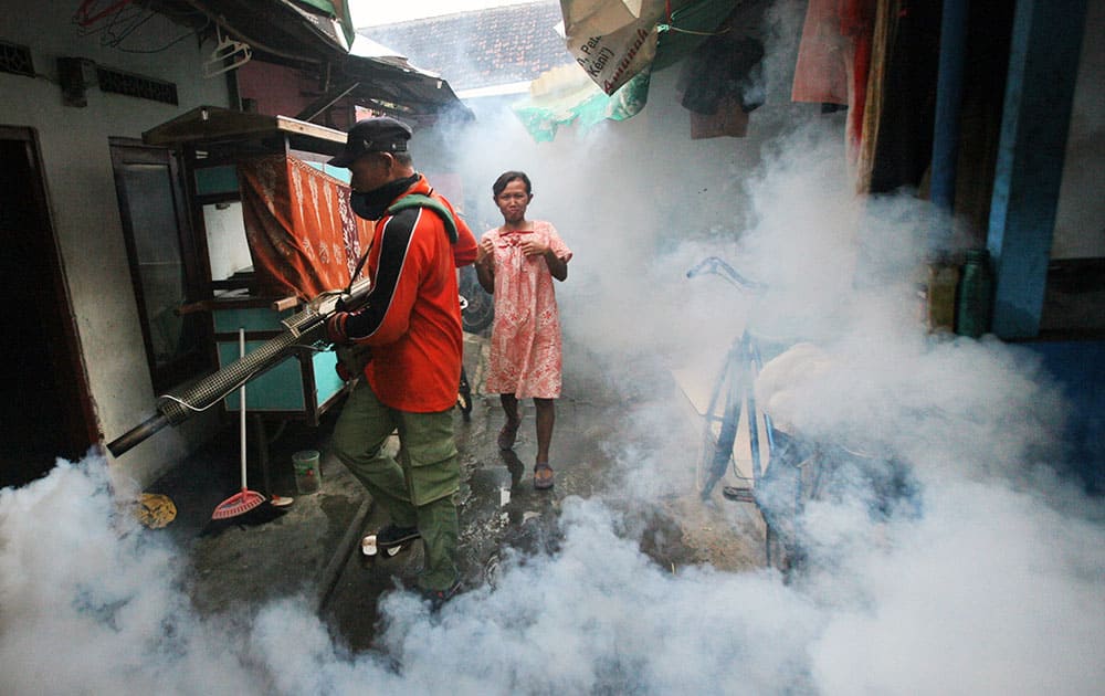 A woman reacts as a government worker sprays anti-mosquito fog in an attempt to control dengue fever at a neighborhood in Surabaya, East Java, Indonesia