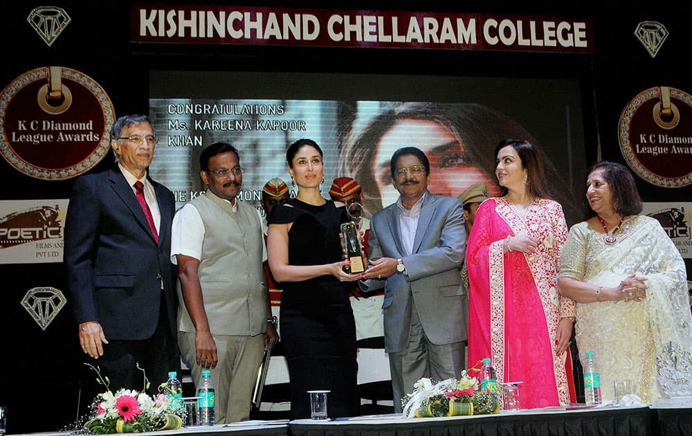 Maharashtra Governor Ch Vidyasagar Rao with Bollywood actress Kareena Kapoor and Industrialist Nita Ambani during the diamond jubilee celebrations of Kishinchand Chellaram College in Mumbai.