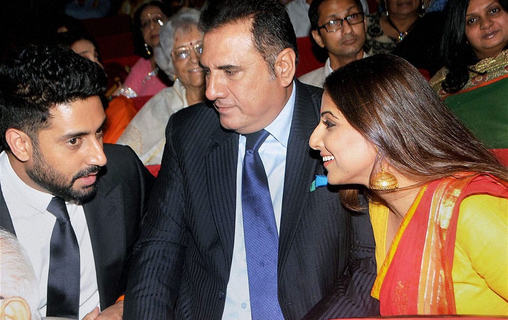 Bollywood actors Abhishek Bachchan, Boman Irani and Vidya Balan during the Diamond Jubilee celebrations of Kishinchand Chellaram College in Mumbai.