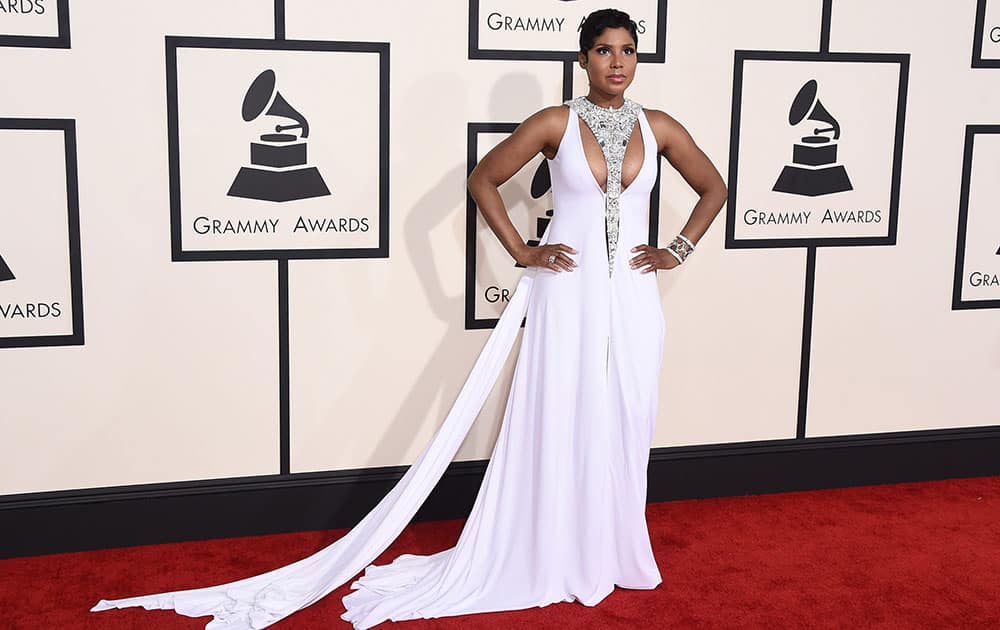 Toni Braxton arrives at the 57th annual Grammy Awards.