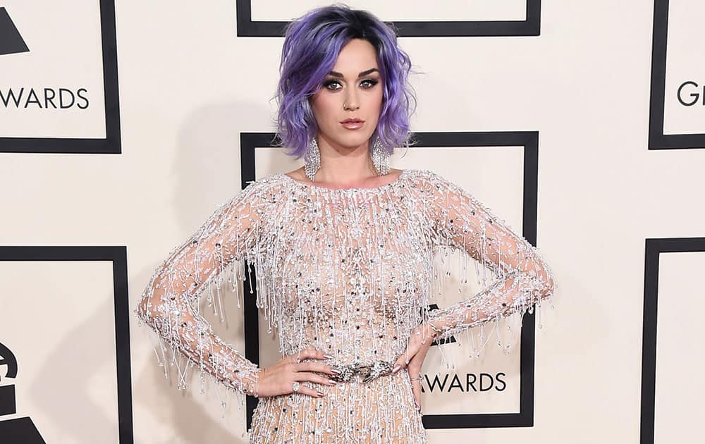 Katy Perry arrives at the 57th annual Grammy Awards.