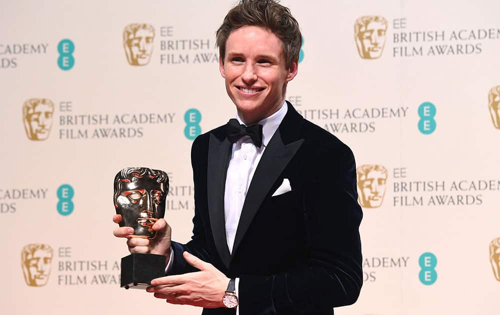 Eddie Redmayne, winner of Best Actor for The Theory of Everything poses for photographers in the winners room, during the British Academy Film and Television Awards 2015.