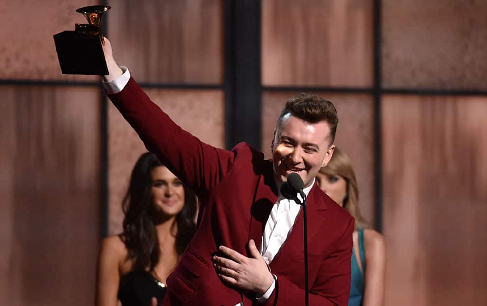 Sam Smith accepts the award for best new artist at the 57th annual Grammy Awards.