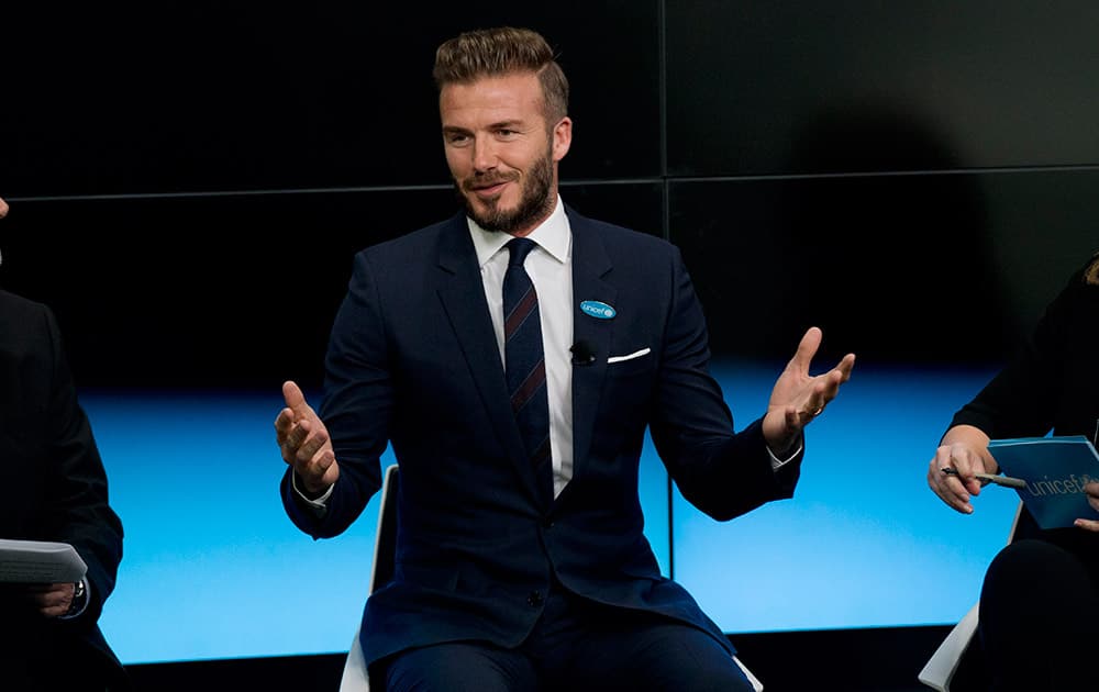 Former English national soccer team captain David Beckham speaks during a press conference to mark his 10 years as a goodwill ambassador for UNICEF and to launch '7' a new fund for children in danger across the globe in London.