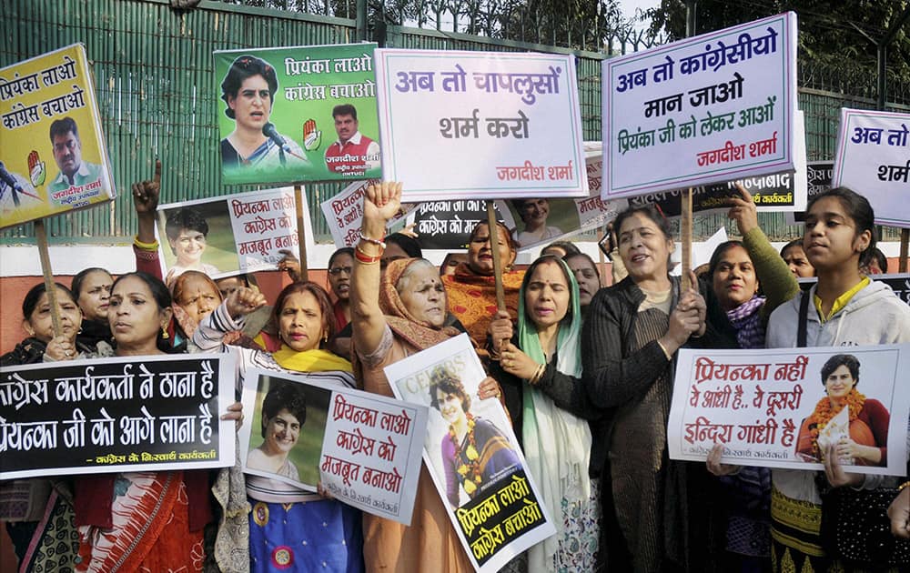 Supporters of Priyanka Vadra holding a demonstration at Congress party office.