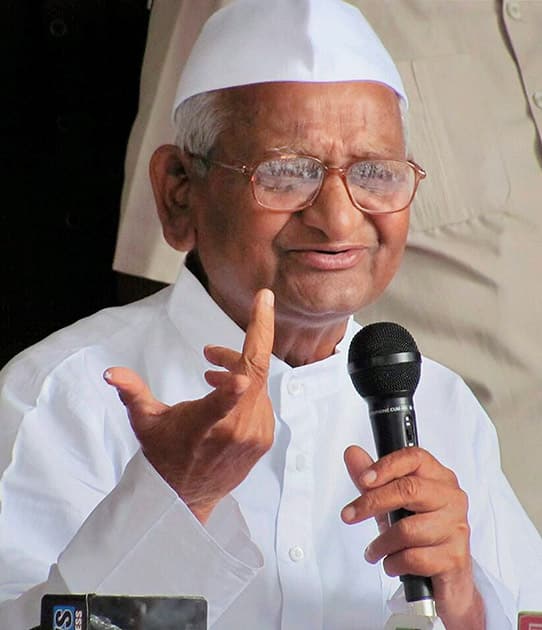 Anna Hazare addresses the media in Ralegan Siddhi.