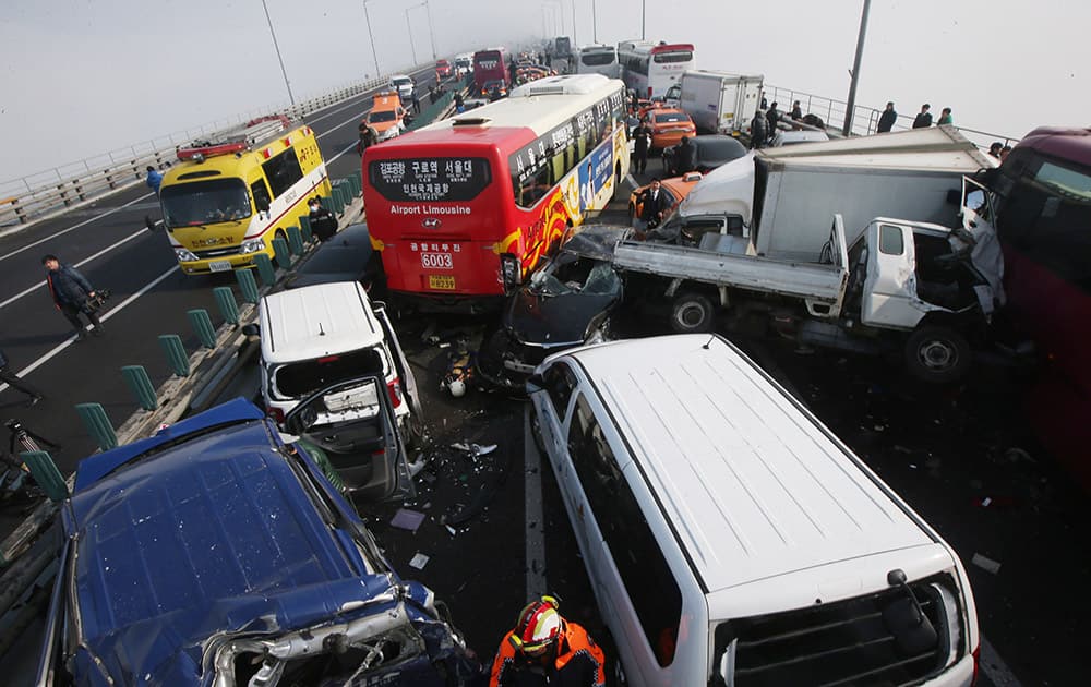 Damaged vehicles sit on Yeongjong Bridge in Incheon, South Korea.