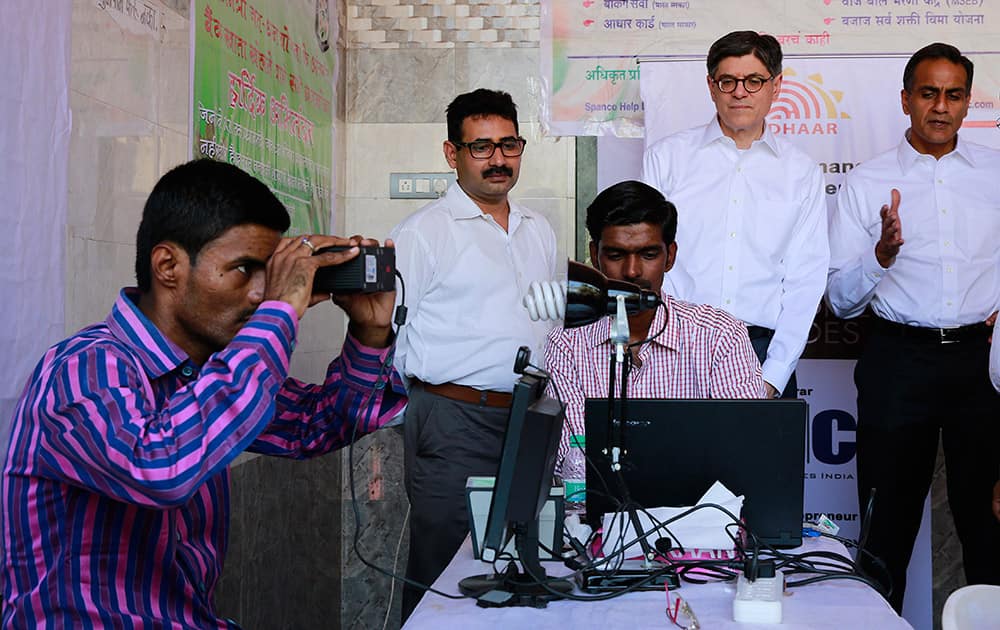 U.S. Treasury Secretary Jack Lew, visits an enrollment camp for Aadhaar, India's on going unique identification project at Koli Fishing Village in Mumbai.