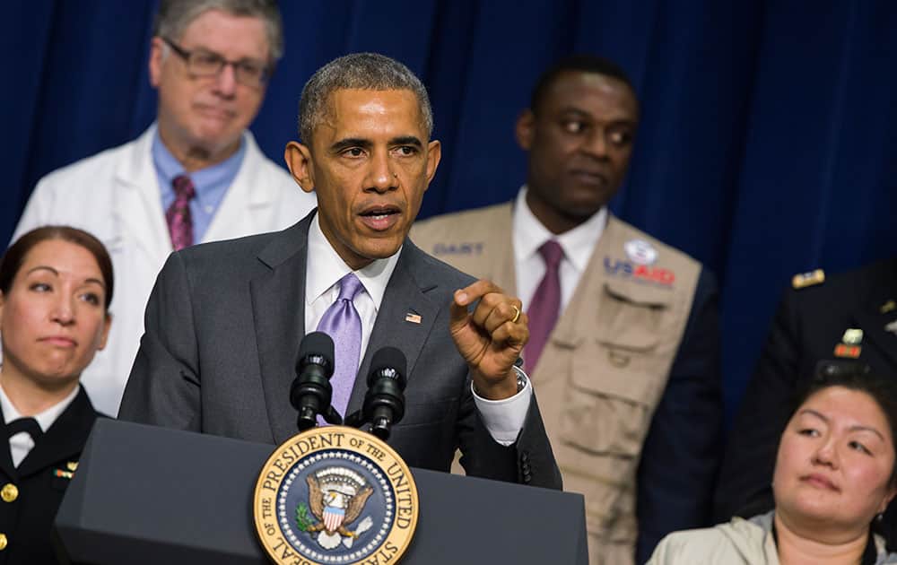 President Barack Obama speaks the response to the Ebola outbreak in West Africa, in the South Court Auditorium of the White House complex in Washington. 