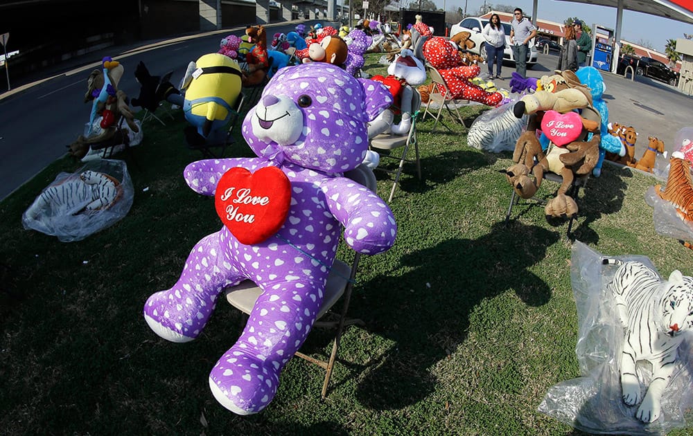 Shoppers look over stuffed animals for sale outside a gas station in Houston ahead of Valentine's Day.