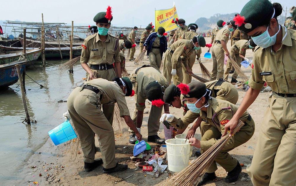 NCC (National Cadet Corps) cadets take part in Swachh Bharat Abhiyan and Namami Gange Project for clean Ganga river at Sangam in Allahabad.