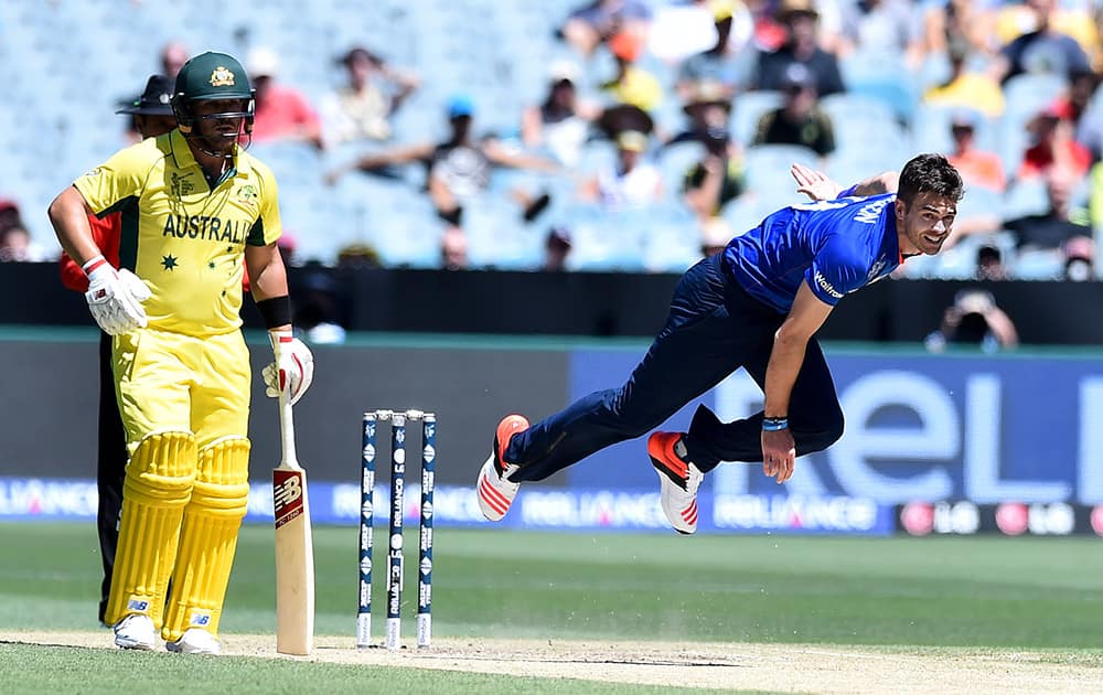 Australia batsman Aaron Finch, watches as England's James Anderson bowls during their cricket world cup pool A match in Melbourne, Australia.