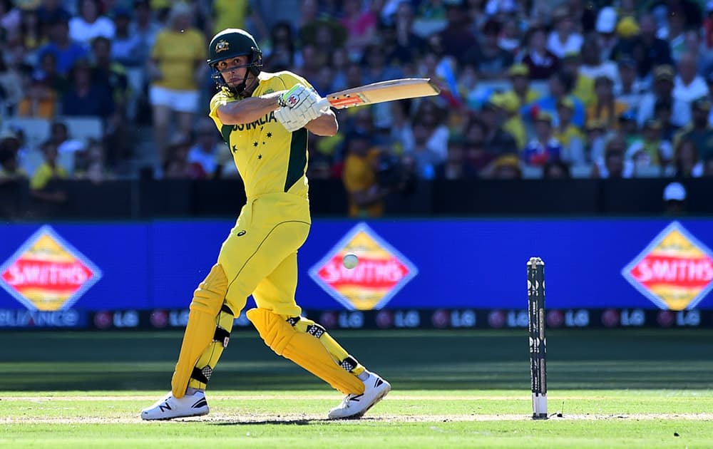 Australia's Mitchell Marsh plays a hook shot during their Cricket World Cup pool A match against England in Melbourne, Australia.