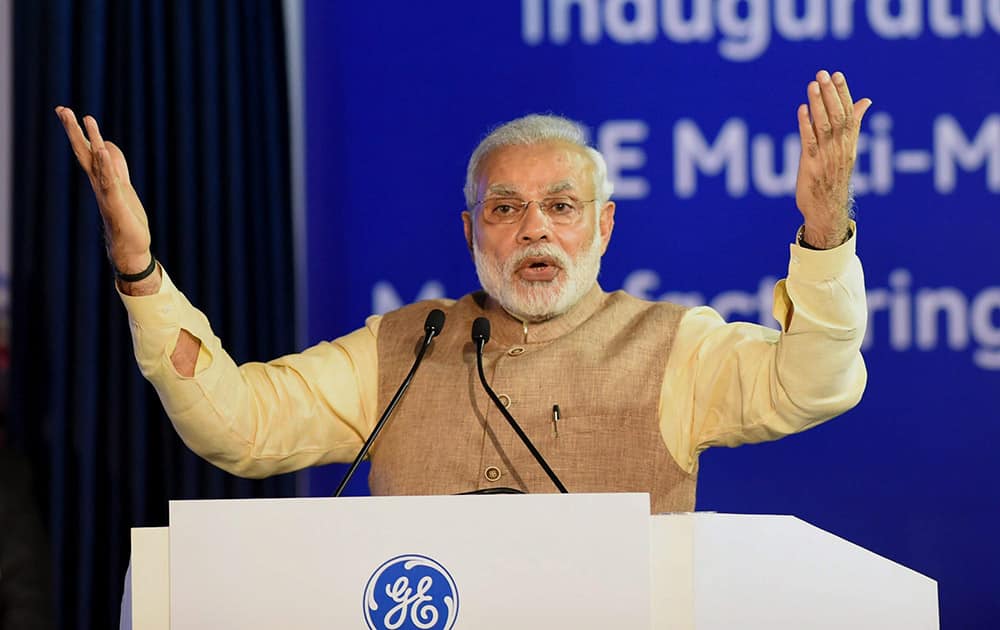 Prime Minister Narendra Modi speaks at the inauguration of General Electrics (GE) multi-modal manufacturing facility at Chakan near Pune.