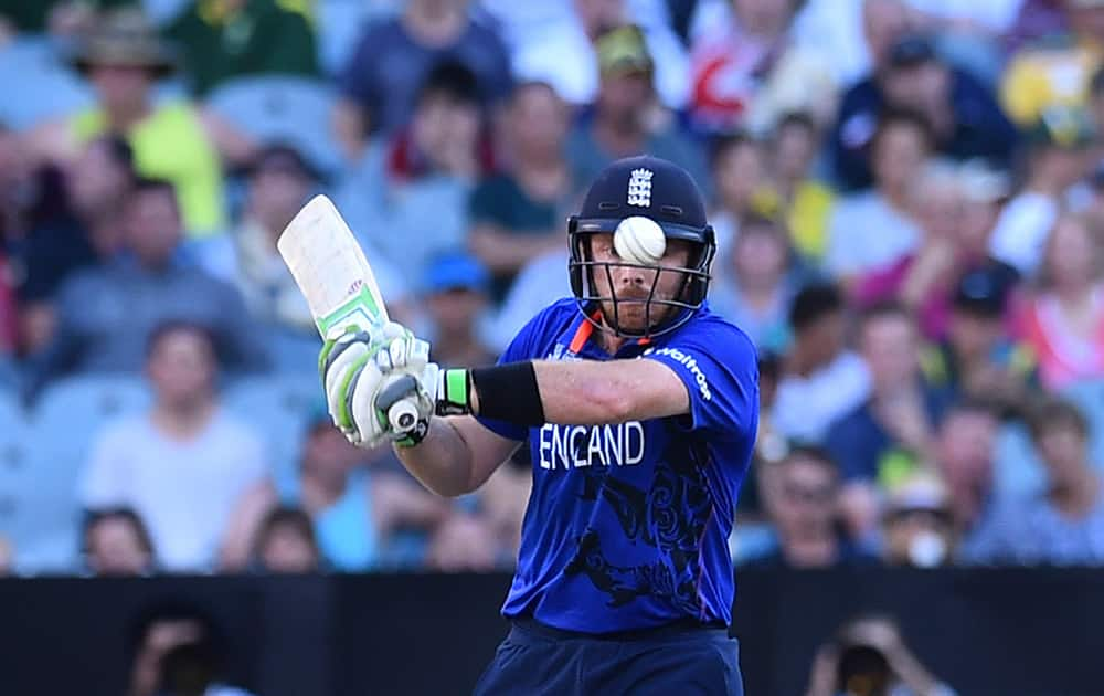 England's Ian Bell keeps his eye on the ball during their Cricket World Cup pool A match against Australia in Melbourne, Australia.