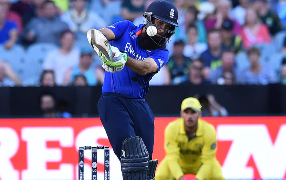 England's Moeen Ali plays a shot during their Cricket World Cup pool A matchagainst Australia in Melbourne, Australia.