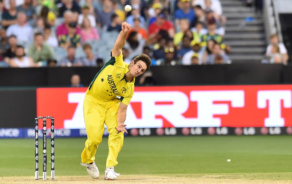 Australia's Mitchell Marsh bowls during their Cricket World Cup pool A match against England in Melbourne, Australia.