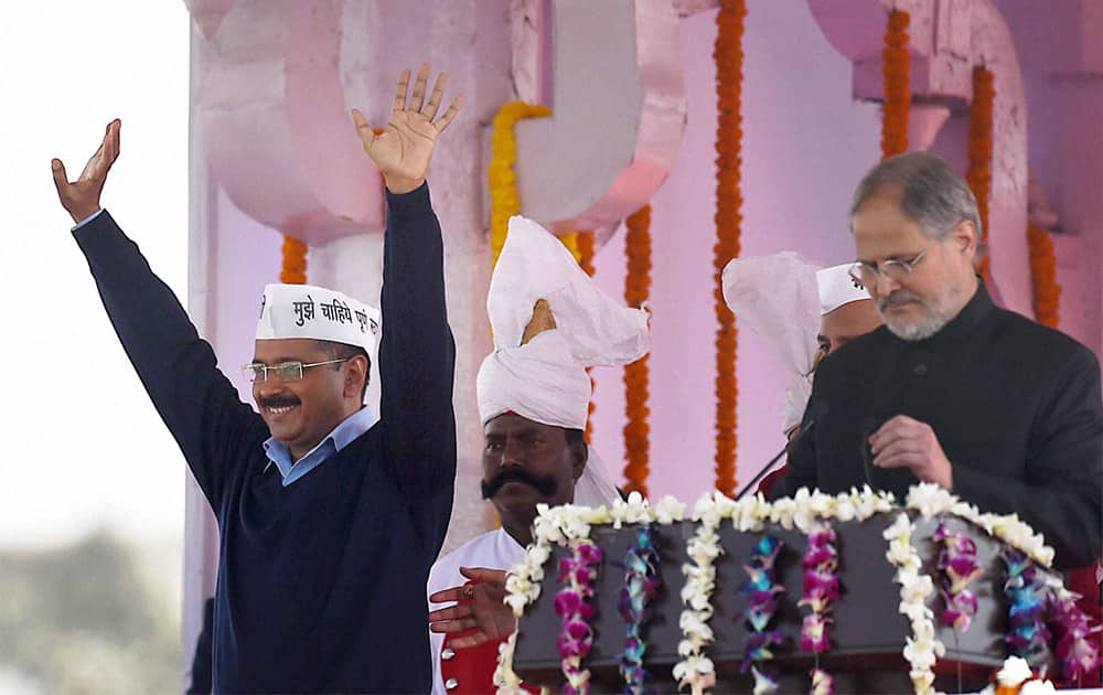 AAP convener Arvind Kejriwal after taking oath as Delhi Chief Minister at Ramlila Maidan in New Delhi.