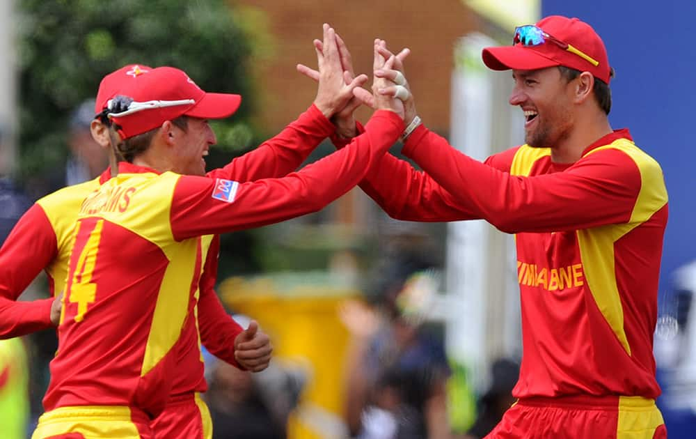 Zimbabwe's Craig Ervine, right, celebrates with teammate Sean Williams after catching out South Africa's Quinton de Kock for 7 runs during their Cricket World Cup pool B match at Hamilton, New Zealand.