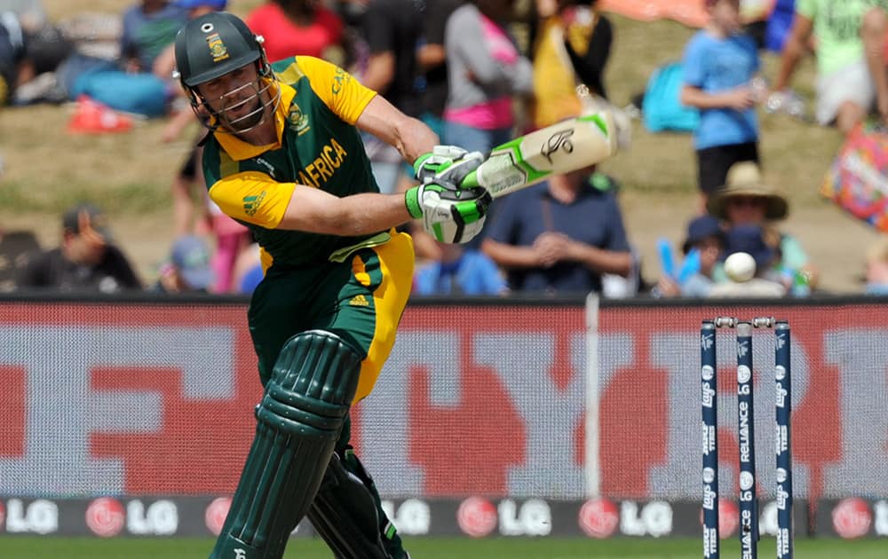 South Africa's AB de Villiers plays a shot against Zimbabwe during their Cricket World Cup pool B match at Hamilton, New Zealand.