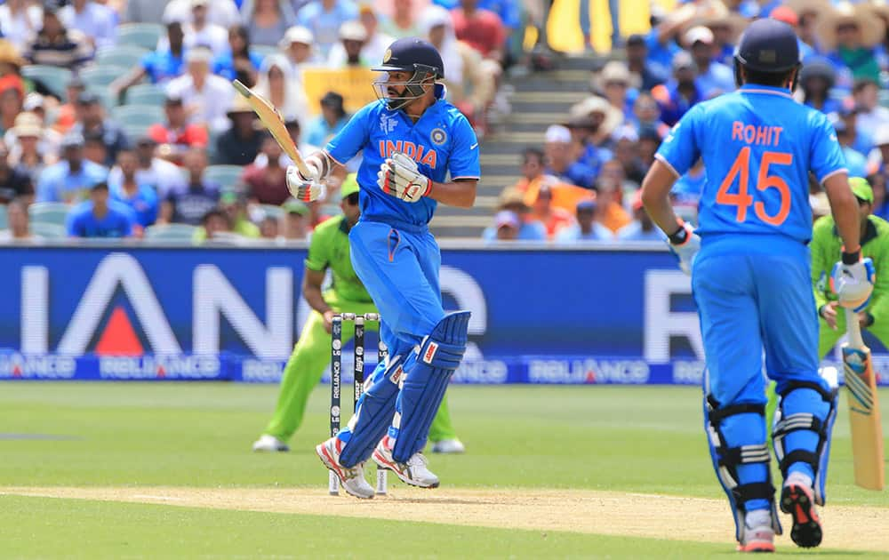 Shikhar Dhawan, watches a shot during the World Cup Pool B match between India and Pakistan in Adelaide, Australia.