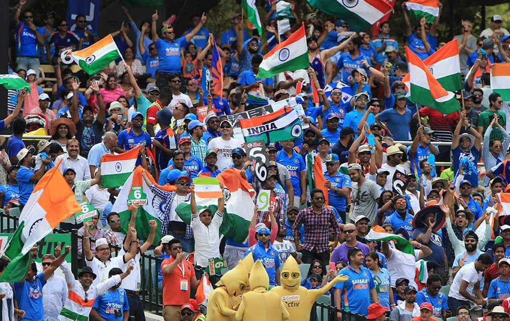 Cricket fans cheer during the World Cup Pool B match between India and Pakistan in Adelaide.